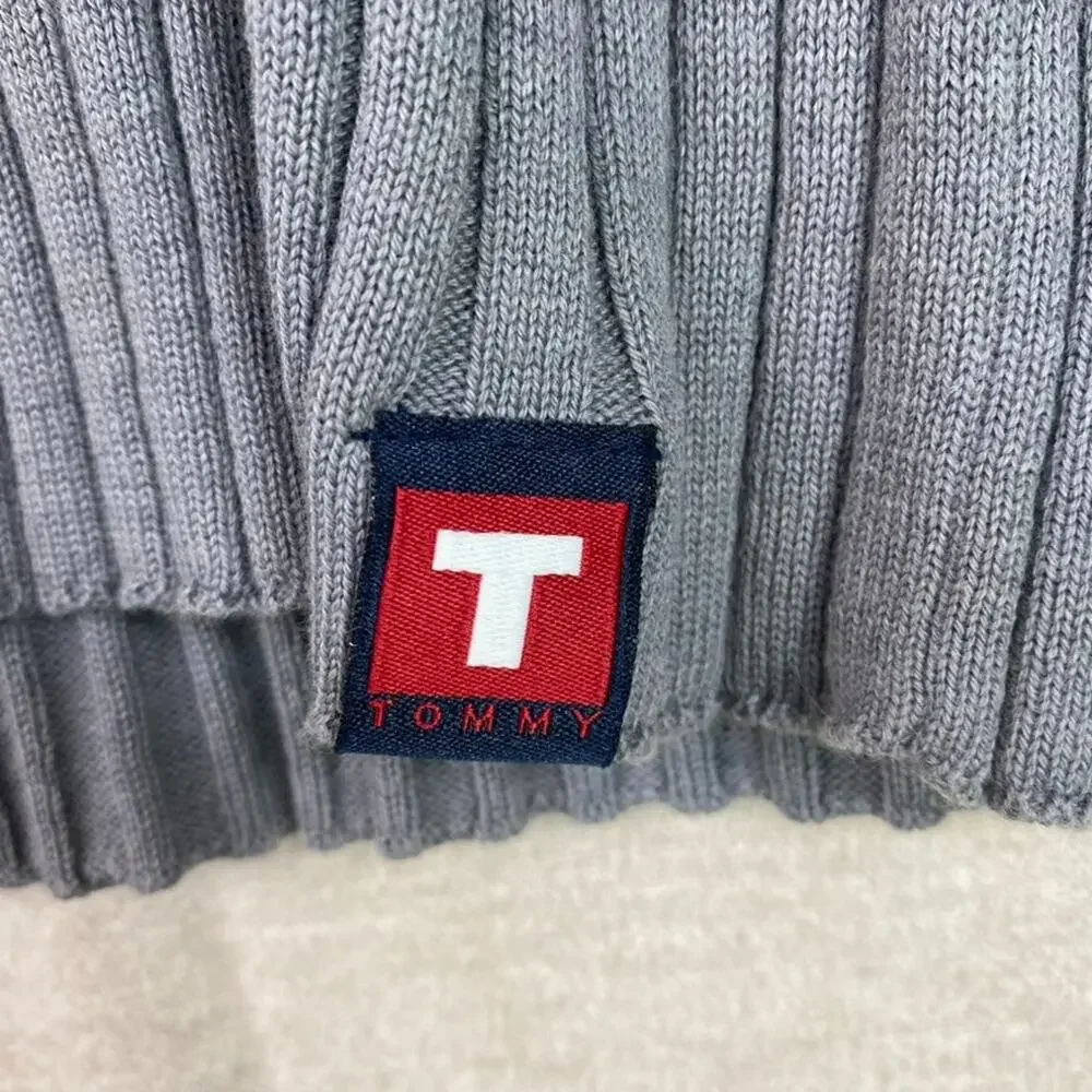 Vintage Tommy Hilfiger Mens Rib Knit Sweater Size XL Fitted Logo Preppy 90s Gray